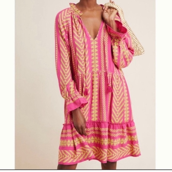 Anthropologie Dresses & Skirts - MAEVE ANTHROPOLOGIE Pink & Chartreuse Dominique Tribal Tunic Mini Dress XS
